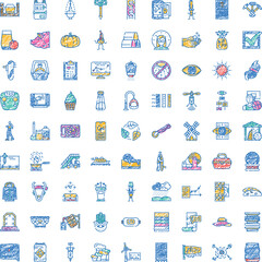Fototapeta premium Collection of colorful sketched icons covering a wide variety of subjects and themes, illustrating concepts in technology, nature, food, science, and everyday objects with a doodle art style