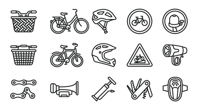 Bicycle Accessories Icons: Basket, Helmet, Bell, Light, Tools, Chain, Pump