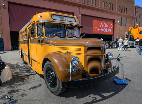 Gothenburg, Sweden - May 30 2026: Restored vintage Volvo bus standing outside World of Volvo museum.