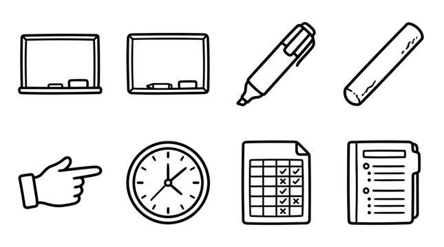 School Supplies and Office Icons: Chalkboard, Marker, Clock, Checklist, Hand Pointer