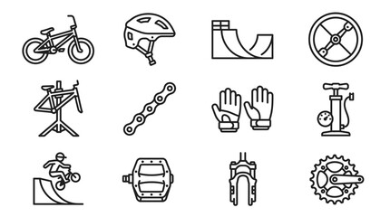 Fototapeta premium Bicycle Sports Icons: BMX Bike, Helmet, Ramp, Pump, Chain, Pedals, Forks, Gears