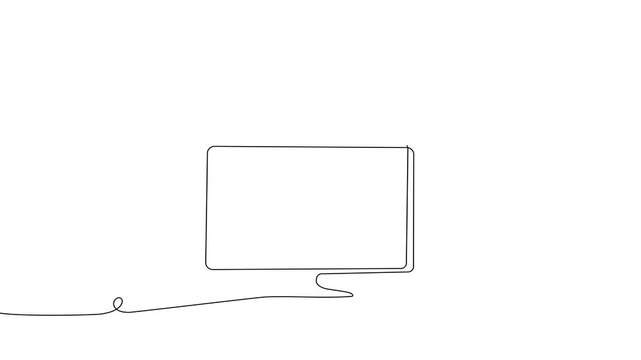 One line drawing of television screen and control elements. Smart home TV monitor concept in continuous outline art style with minimalist doodle design aesthetic.