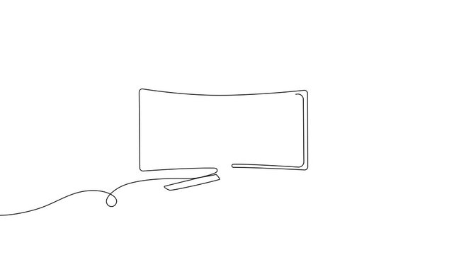 One line drawing of television screen and control elements. Smart home TV monitor concept in continuous outline art style with minimalist doodle design aesthetic.