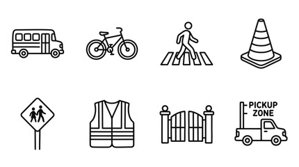 School Transportation and Safety Icons: Bus, Bike, Pedestrian, Cone, Sign, Vest, Gate, Pickup Zone © keenan