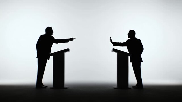 Two politicians debating at lecterns in silhouette, argument