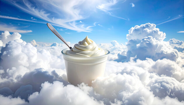 Yogurt in soft cloud background with dreamy surreal aesthetic