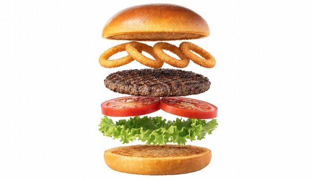 Exploded view of gourmet beef burger with onion rings tomato lettuce and toasted buns floating high.