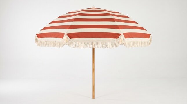 Red and white striped beach umbrella with fringes on a light background casting soft shadow.