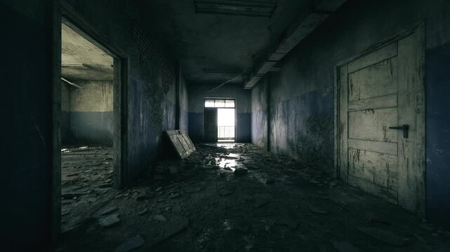 Narrow corridor leading to distant light, floor covered with rubble and dust, dingy walls with water stains, atmosphere of solitude and forgotten stories,