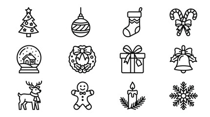 Fototapeta premium Christmas Icons Set: Tree, Snow Globe, Stocking, Bell, Reindeer, Snowflake, Gift, Wreath