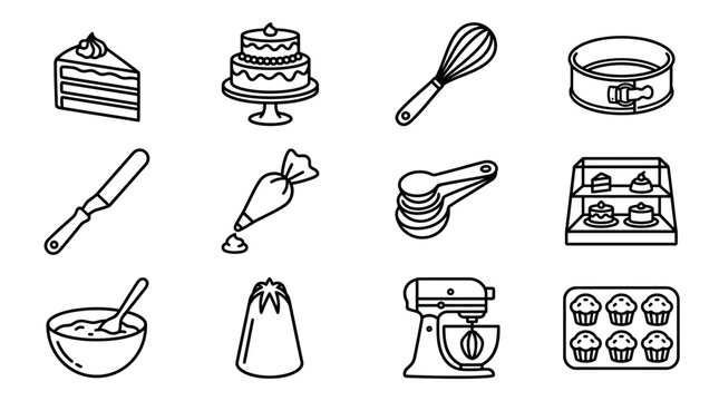 Baking Icons: Cake Slice, Tiered Cake, Whisk, Springform Pan, Pastry Bag, Mixer