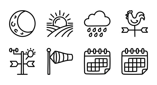 Weather Icons Set: Moon, Sun, Rain, Rooster, Wind Sock, Calendar