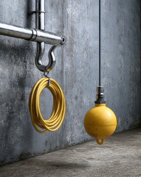 Yellow Float Switch and Coiled Cable on Stainless Hook in Wastewater Pump Station