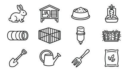Rabbit Care Icons: Bunny, Hutch, Food Bowl, Carrot, Tunnel, Cage, Drinker, Hay © keenan