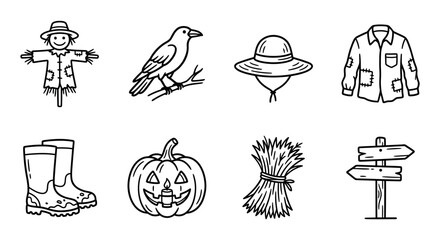 Autumn Harvest Icons: Scarecrow, Pumpkin, Raven, Boots, Hat, Shirt, Hay, Signpost © keenan