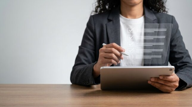 Professional businesswoman using a tablet and stylus to complete a digital holographic checklist, managing tasks, project goals, and quality control at a wooden desk in a minimalist office.