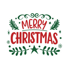 Fototapeta premium Merry christmas hand drawn lettering design with decorative green leaves and a star on white background