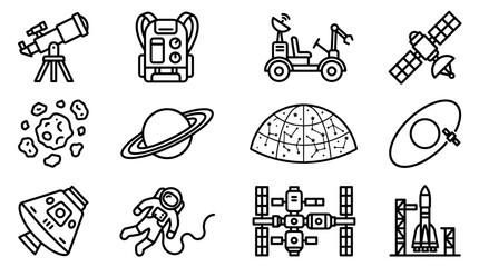 Space Exploration Icons Set: Telescope, Astronaut, Rocket, Satellite, Planet, Spaceship © Sugar