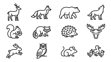 Fototapeta premium Set of Forest Animals Icons: Deer, Fox, Bear, Wolf, Squirrel, Raccoon, Hedgehog, Moose
