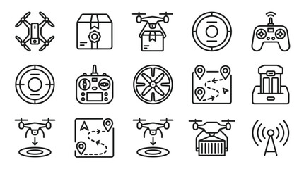 Drone delivery icons: package, remote control, maps, charging station, signal © Sugar