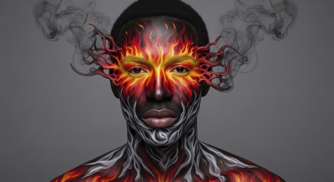 man with fire flame face and body paint art with smoke effect