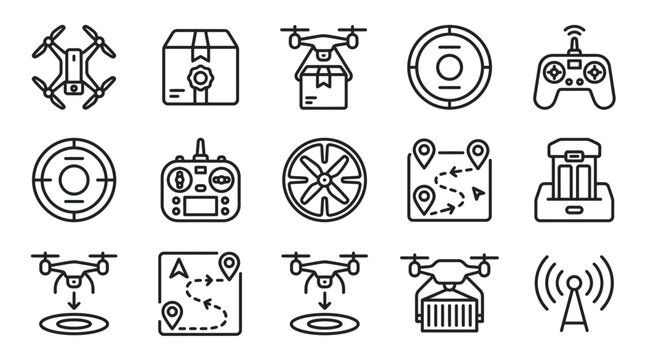 Drone delivery icons: package, remote control, maps, charging station, signal