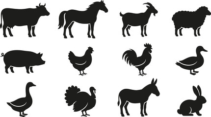 Group of farm animal silhouettes including livestock and poultry © Fayek