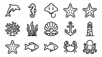 Ocean Life Icons: Dolphin, Seahorse, Starfish, Crab, Octopus, Lighthouse, Anchor © Sugar