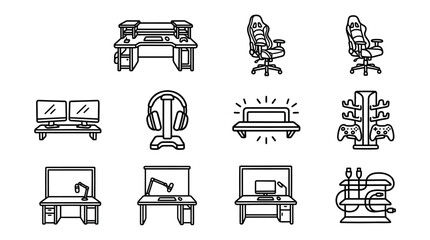 Gaming Setup Icons: Desk, Chair, Computer, Headphones, Controllers, Accessories © keenan