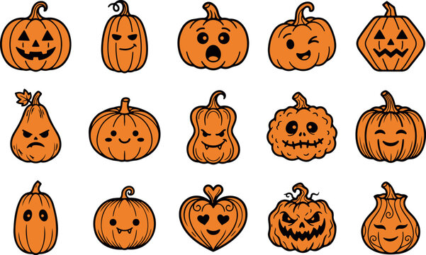 Set of hand drawn halloween pumpkin jack o lanterns with various funny and scary expressions on white background