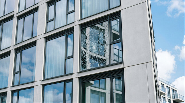 Shattered glass window pane on modern office building facade. Broken building exterior wall showing damage and vandalism. Urban architecture safety hazard, repair and maintenance concept.