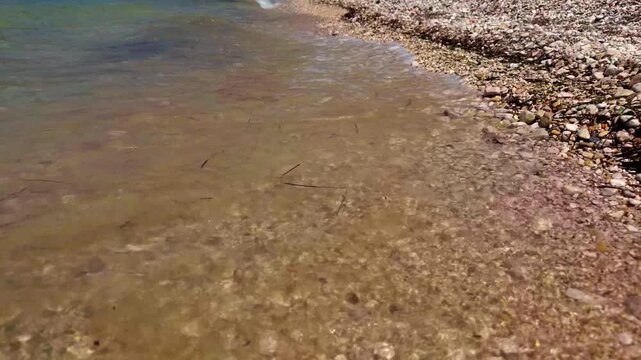 Clear Sea Wave Washing Shore Pebble Beach. Marine Nature. Waterfront Vacation 