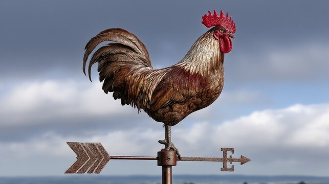 Dark metal rooster weather vane stands against a stormy sky with clouds