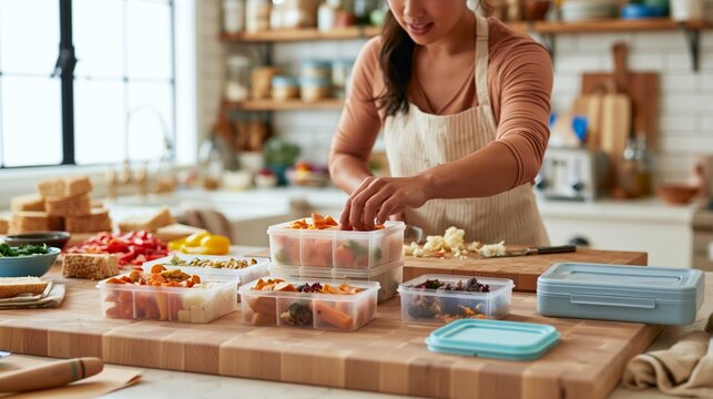Woman Preparing Vegetable Snack Packs in Reusable Containers on Kitchen Table