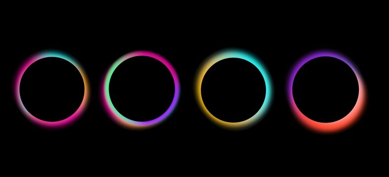 Abstract Four Glowing Neon Rings on Black Background with Colorful Light Circles