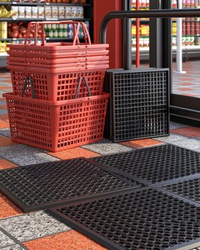 Stack of Red Shopping Baskets and Floor Mats at Store Entrance