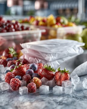 Freezer Bags and Fresh Berries on Ice at Cafe Prep Counter