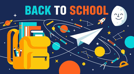 A vibrant illustration showcases a yellow backpack filled with books, surrounded by celestial elements like planets and a smiling moon, symbolizing the exciting journey of learning as students head.