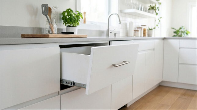 Broken kitchen drawer hanging on damaged metal slider. Furniture failure in modern interior. Concept of household maintenance repair work, carpentry service and home improvement issue.