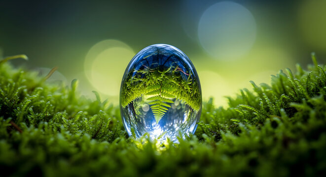 World day for environmental awareness crystal ball reflecting lush green ferns