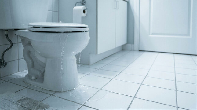 Overflowing toilet bowl with water leaking onto tile bathroom floor. Home maintenance problem with plumbing failure. Indoor appliance damage and household repair emergency concept.