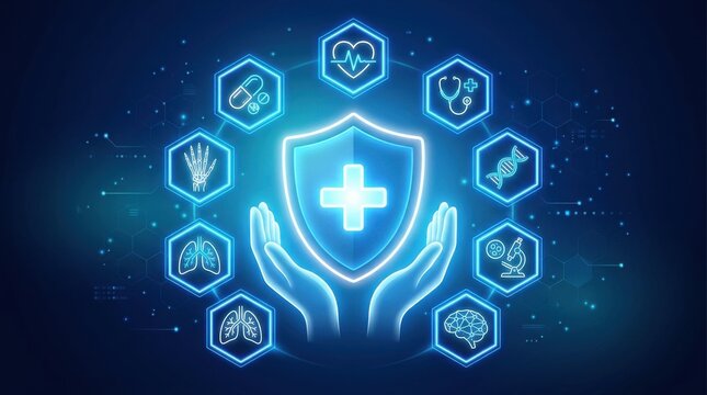 Digital illustration of a glowing blue medical shield held by hands surrounded by various healthcare and science icons on dark background