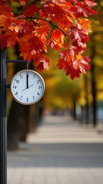 Round outdoor clock with autumn leaves in a park displaying 10:10 time
