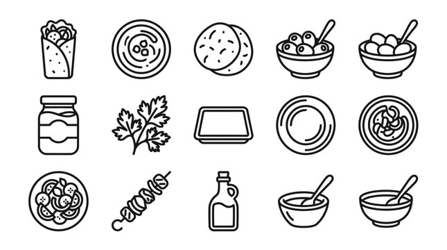 Middle Eastern Food Icons: Shawarma, Hummus, Falafel, Olives, Salad, Kebab, Oil