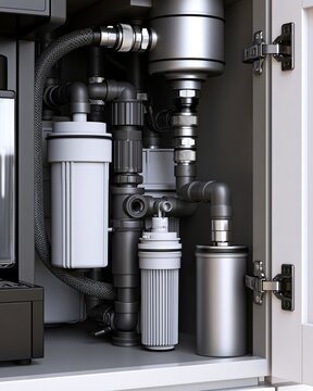Under-counter Coffee Bar Water Filter Cartridge Setup with Plumbing Components