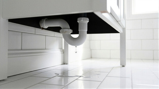 Leaking white sink pipe in bathroom with water drip on tiled floor. Plumbing defect and household maintenance problem. Urgent water damage repair service concept for home owner failure.