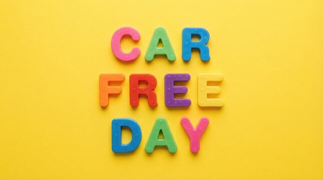 Colorful magnetic letters spelling out world car free day on a vibrant yellow background representing environmental awareness and sustainable urban transportation initiatives for cities