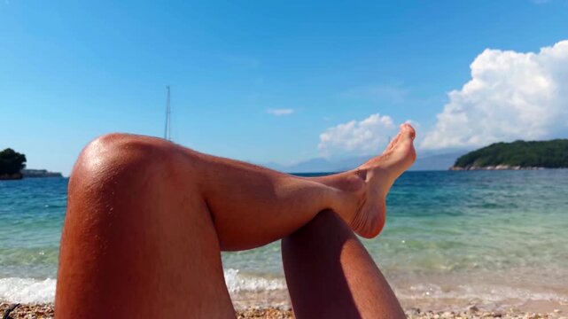 Tourist Sunbathing Summer Vacation Tropical Island. Relaxation Coastline