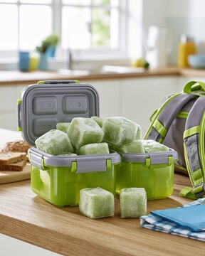 Family Lunchbox Cooling Packs Reset on Kitchen Counter for School Week