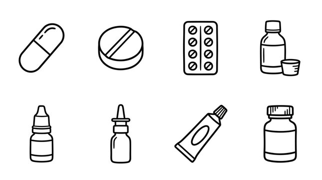 Medical Icons: Pills, Syrup, Ointment, Nasal Spray, Eye Drops, Capsules